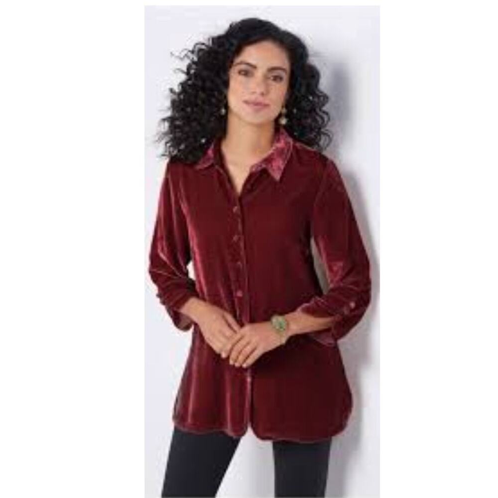 Burgundy Women's Velvet Button Up Long Button Sleeve Boyfriend Tunic, L